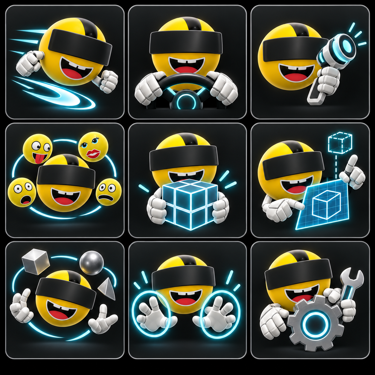 Nine VRF mascot concepts representing movement, driving, interaction, social intelligence, building blocks, world design, primitives, hands, and tools.